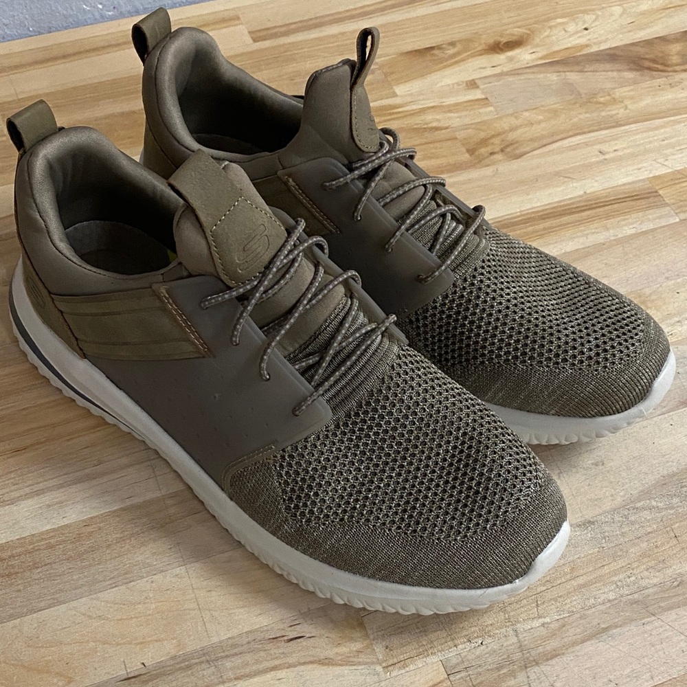 Skechers Olive Knit Lace-Up Sneakers with White Sole